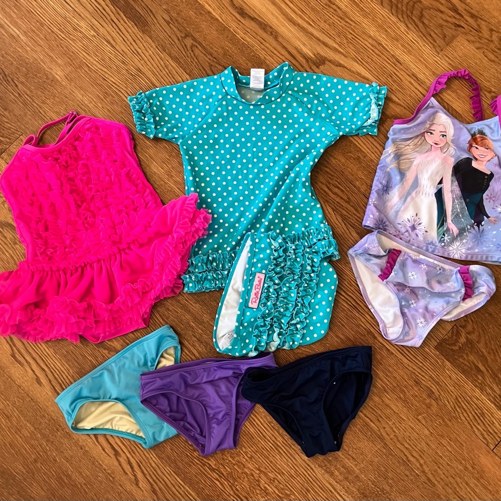 Size 5 Swimsuit Bundle Cat & Jack, Disney, Lands’ End. Pink blue purple ruffles